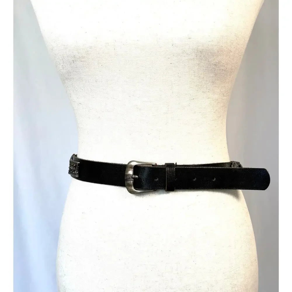 Conch Belt Black Leather Floral Aztec Silver Tone Patina Women’s Size S